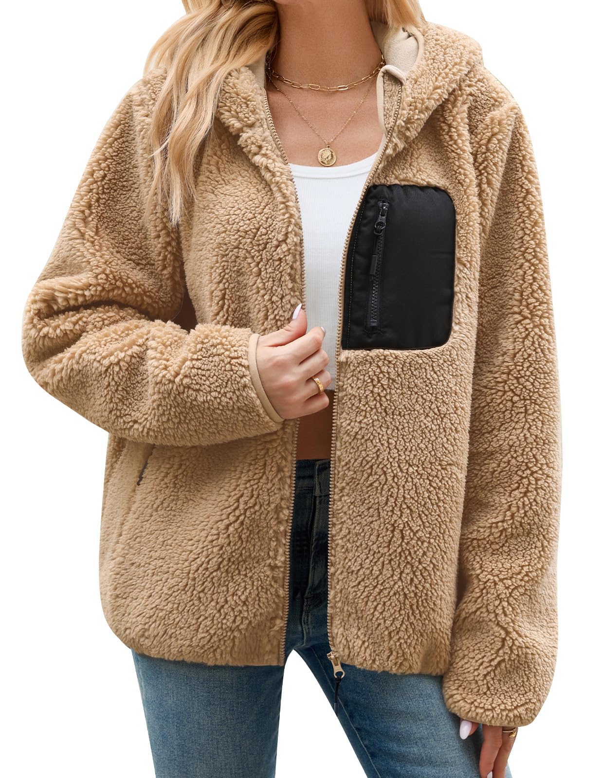 Fleece Jacket Women's Winter Teddy Jacket with Hood Teddy Fleece Hoodie Warm Autumn Jacket Winter Jacket Sherpa Women's Jackets Zip Hoodie Coat Outdoor Plush Jacket with Pockets