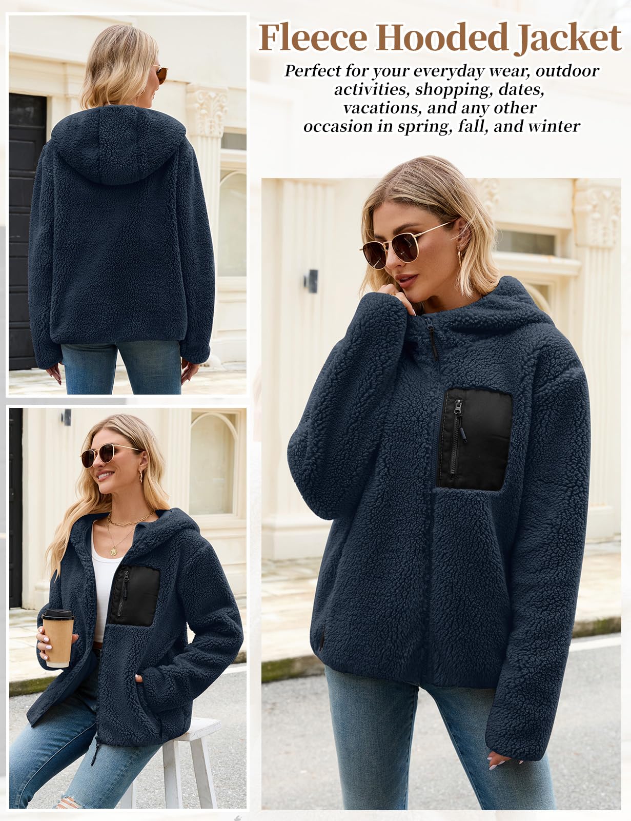 Tuopuda Teddyfell Jacke Damen Herbstjacke Fleecejacke Warme Fleecemantel Damen Kapuzenpullover Zipper Hoodie Plüschjacke mit Taschen