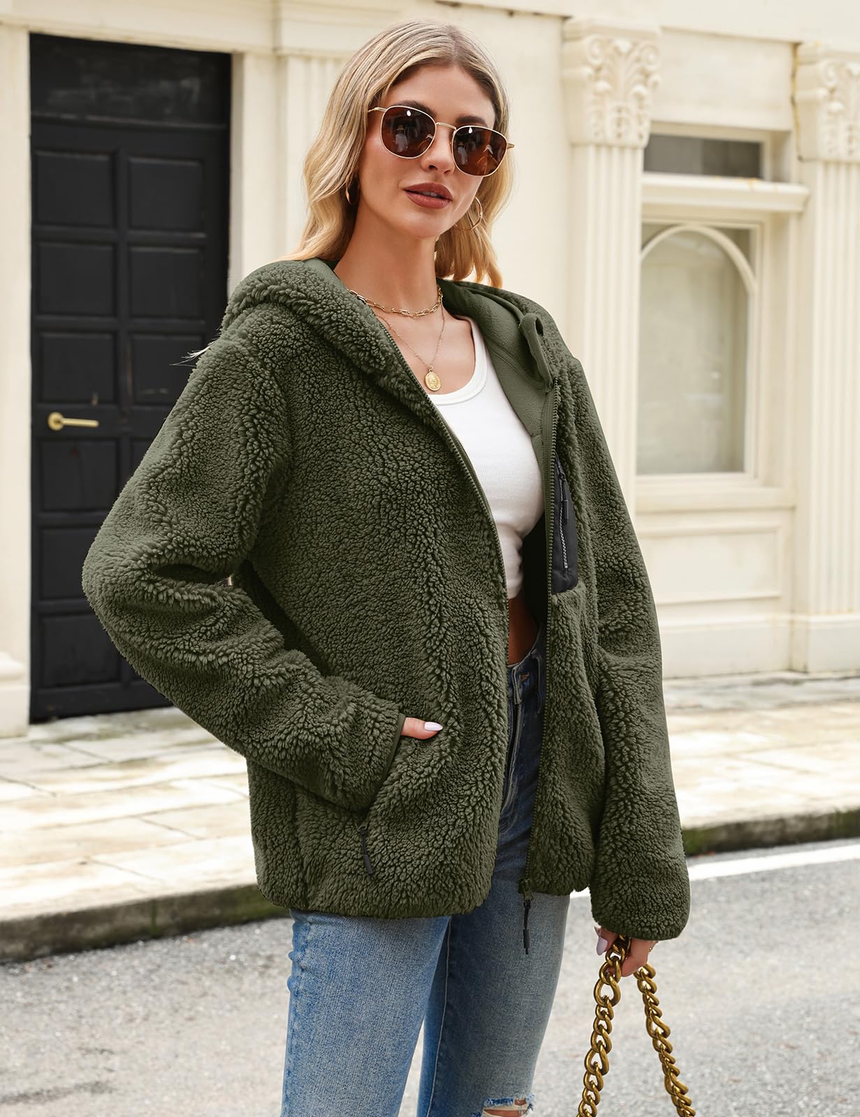 Tuopuda Teddyfell Jacke Damen Herbstjacke Fleecejacke Warme Fleecemantel Damen Kapuzenpullover Zipper Hoodie Plüschjacke mit Taschen