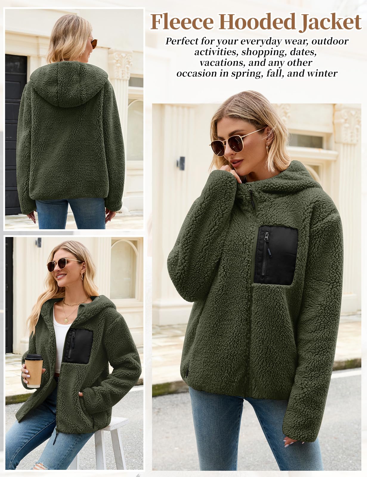 Fleece Jacket Women's Winter Teddy Jacket with Hood Teddy Fleece Hoodie Warm Autumn Jacket Winter Jacket Sherpa Women's Jackets Zip Hoodie Coat Outdoor Plush Jacket with Pockets