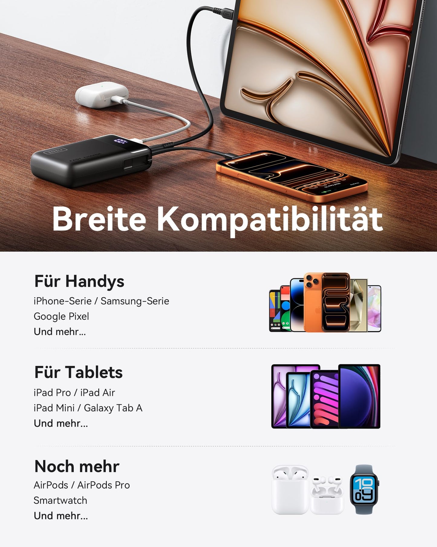 INIU 45W Power Bank, Ultra Klein 20000mAh Powerbank iPhone mit Integriertem USB-C Kabel, Schnellladen Externe Handyakkus Mini, Klein Aber Stark für iPhone 17 16 15 Pro, Samsung S22, Xiaomi, iPad etc