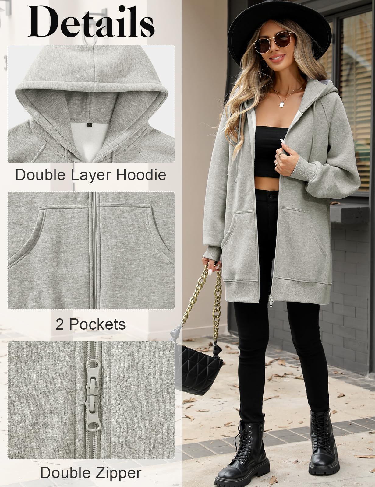 CMTOP Kapuzenpullover Damen Lang Dünne Fleece Hoodie Classics Freizeit Sweatshirt Basic Casual Sweatjacke Einfarbig Kapuzenjacke Streetwear Hoody mit Kapuze Reißverschluss Taschen