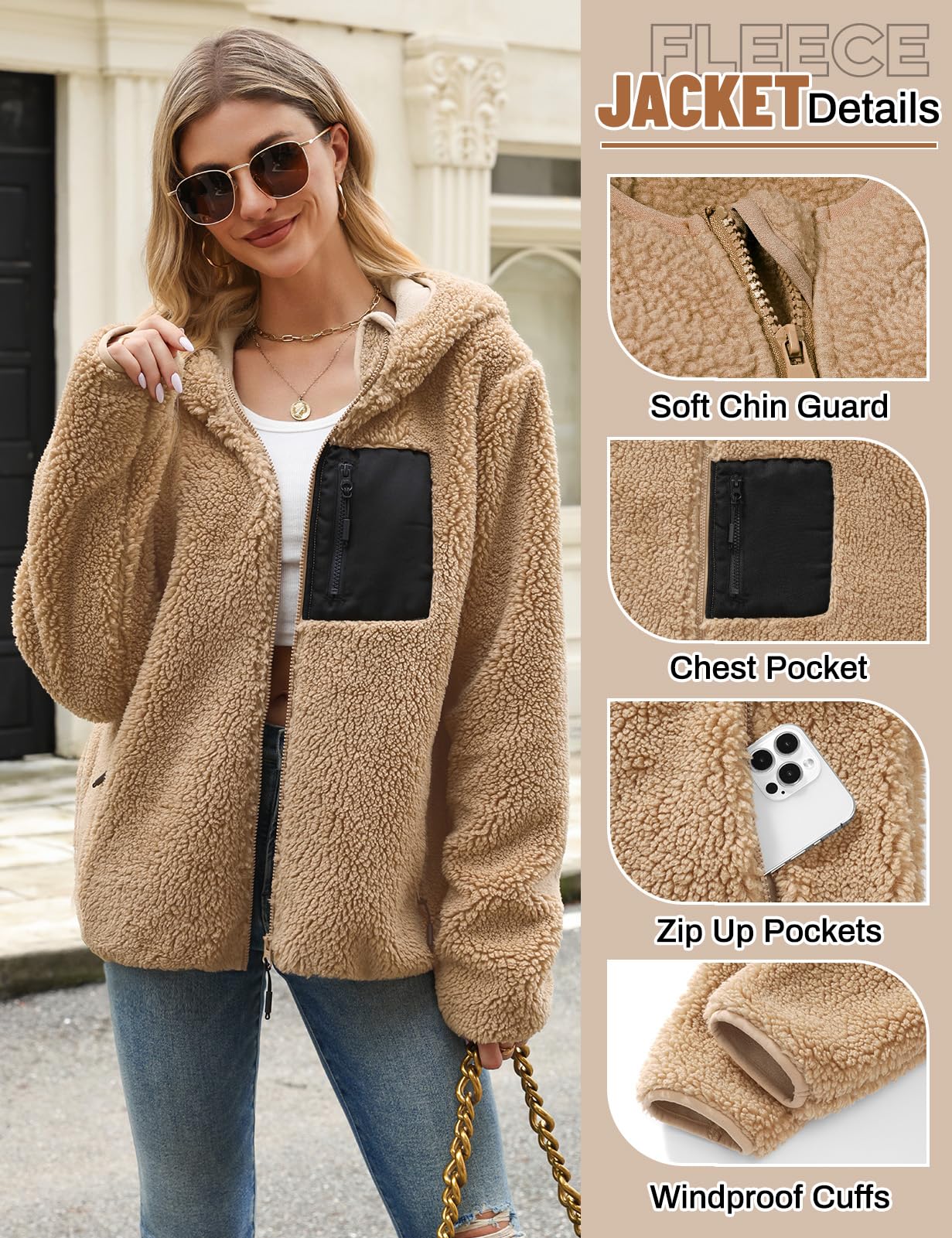 Fleece Jacket Women's Winter Teddy Jacket with Hood Teddy Fleece Hoodie Warm Autumn Jacket Winter Jacket Sherpa Women's Jackets Zip Hoodie Coat Outdoor Plush Jacket with Pockets