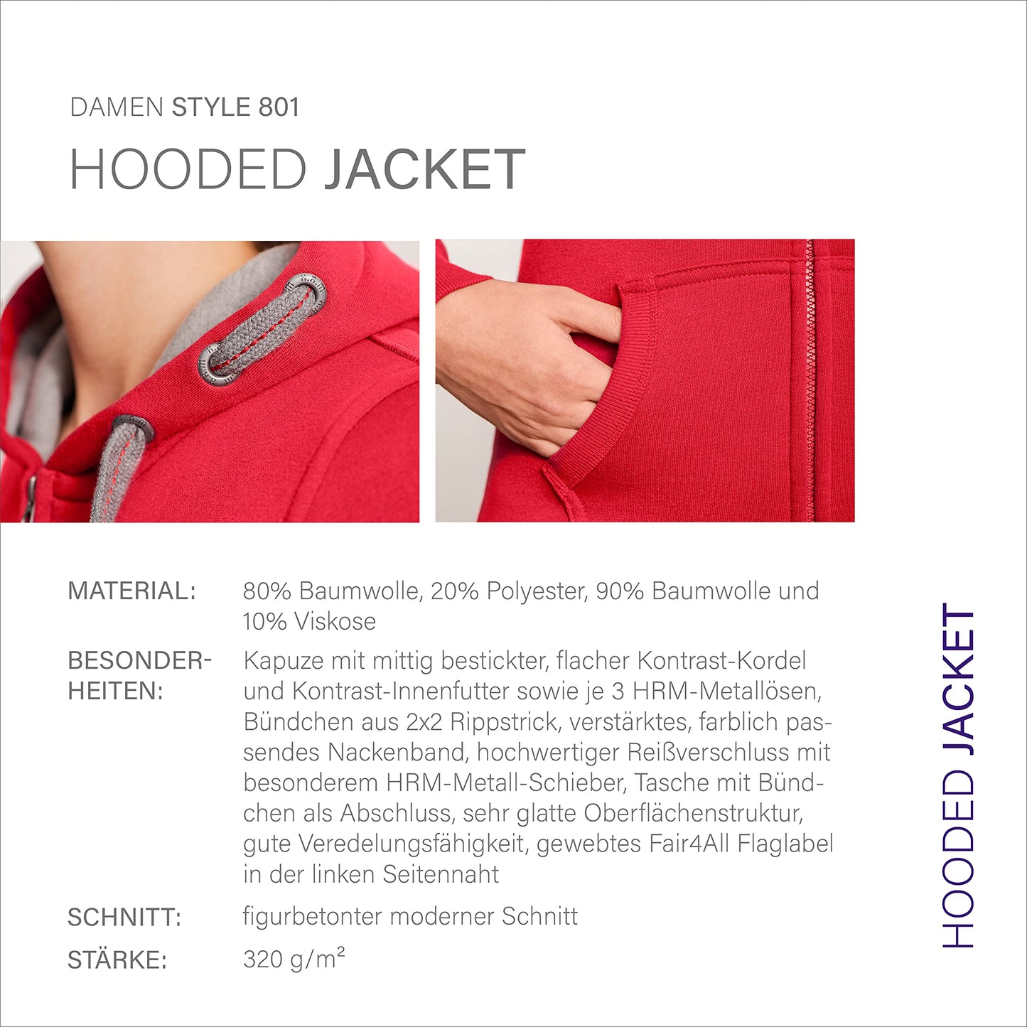 HRM Damen Hooded Jacket I Premium Kapuzenjacke Damen mit Kontrast-Innenfutter I Basic Hoodie mit Reißverschluss I Zip Hoodie I Hochwertige & nachhaltige Damen-Oberteile