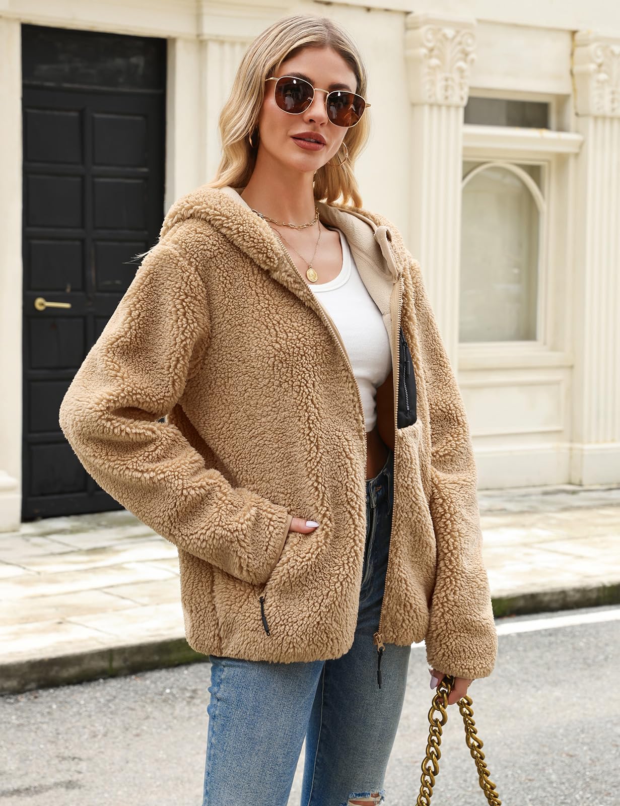 Tuopuda Teddyfell Jacke Damen Herbstjacke Fleecejacke Warme Fleecemantel Damen Kapuzenpullover Zipper Hoodie Plüschjacke mit Taschen