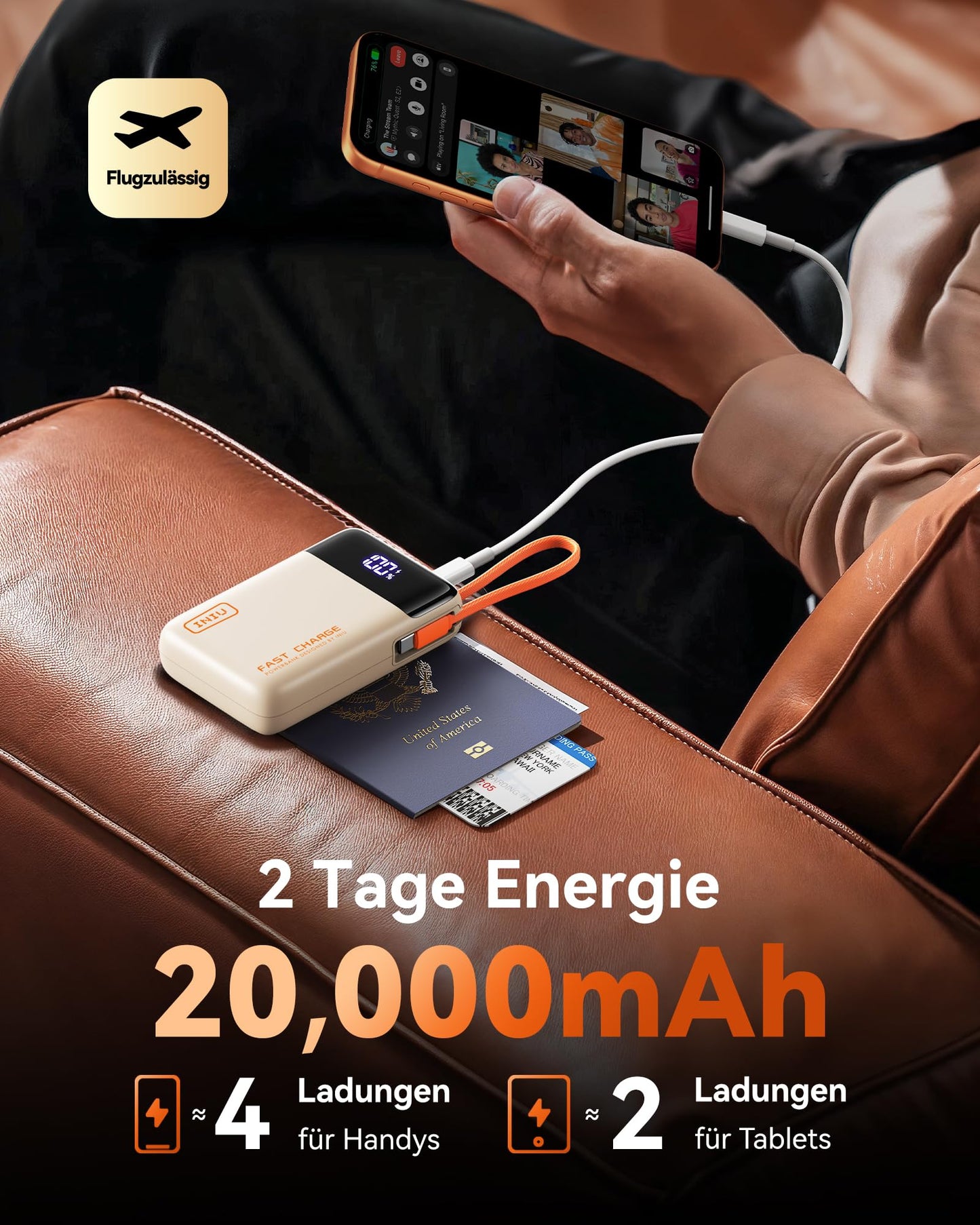 INIU 45W Power Bank, Ultra Klein 20000mAh Powerbank iPhone mit Integriertem USB-C Kabel, Schnellladen Externe Handyakkus Mini, Klein Aber Stark für iPhone 17 16 15 Pro, Samsung S22, Xiaomi, iPad etc