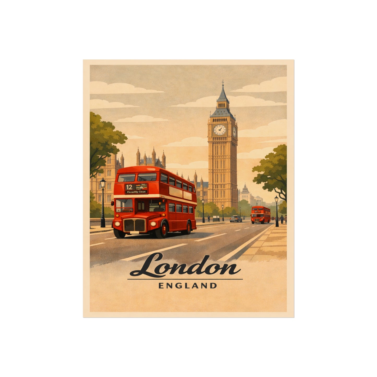 London Vintage Travel Poster Print — Big Ben & Red Double-Decker Bus Fine Art Poster