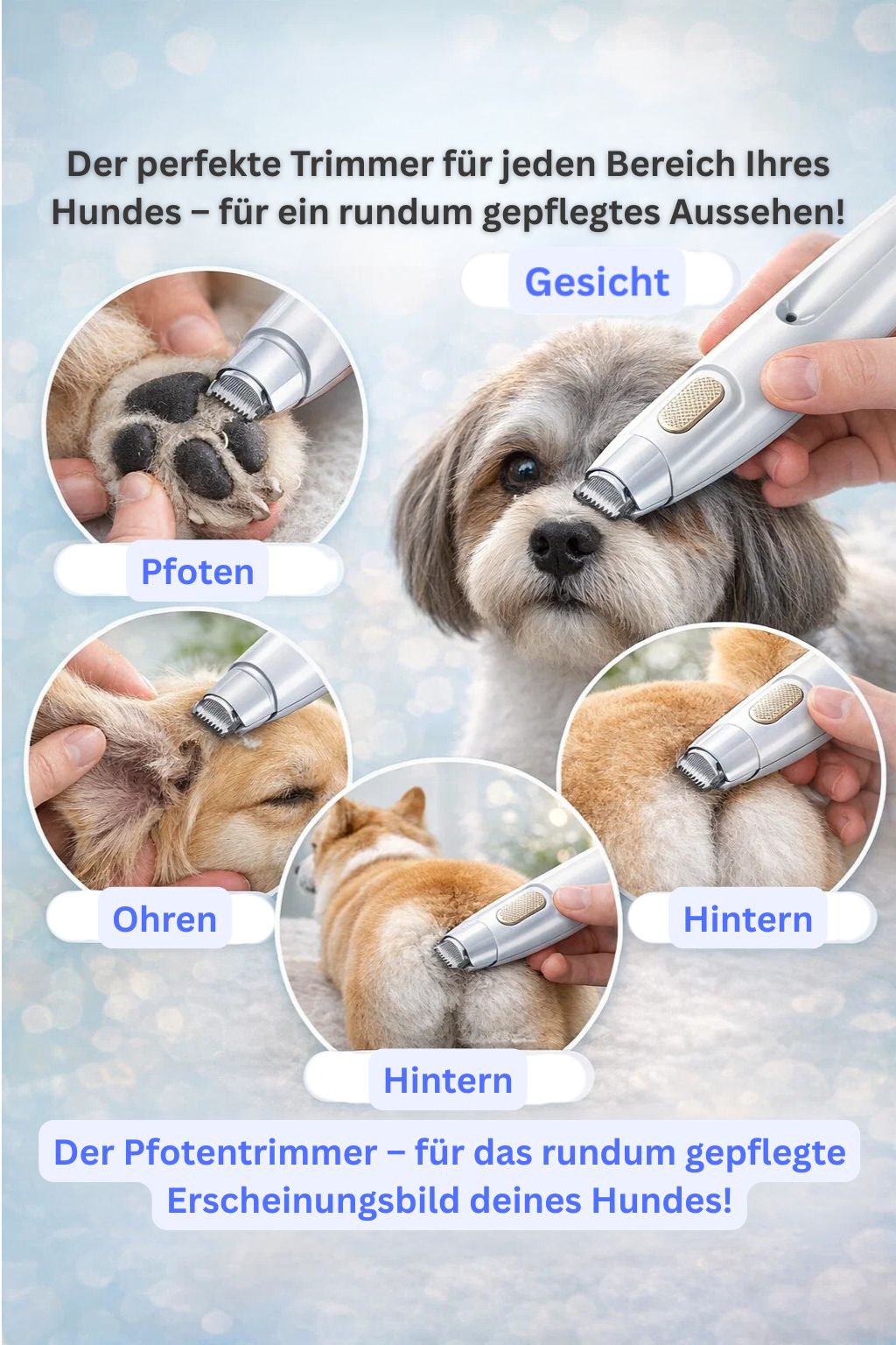 WuffTrim: Elektrischer Pfotentrimmer für Hunde – Wiederaufladbarer, geräuscharmer Haarschneider mit LED-Licht für präzise Pflege von Haustierpfoten