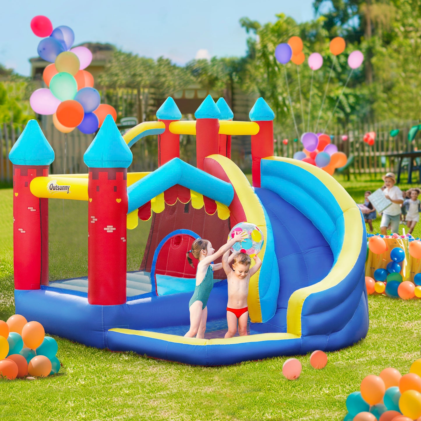 Vielseitige Kinder-Hüpfburg – Rutsche, Pool, Trampolin & Kletterwand für endlosen Spielspaß!