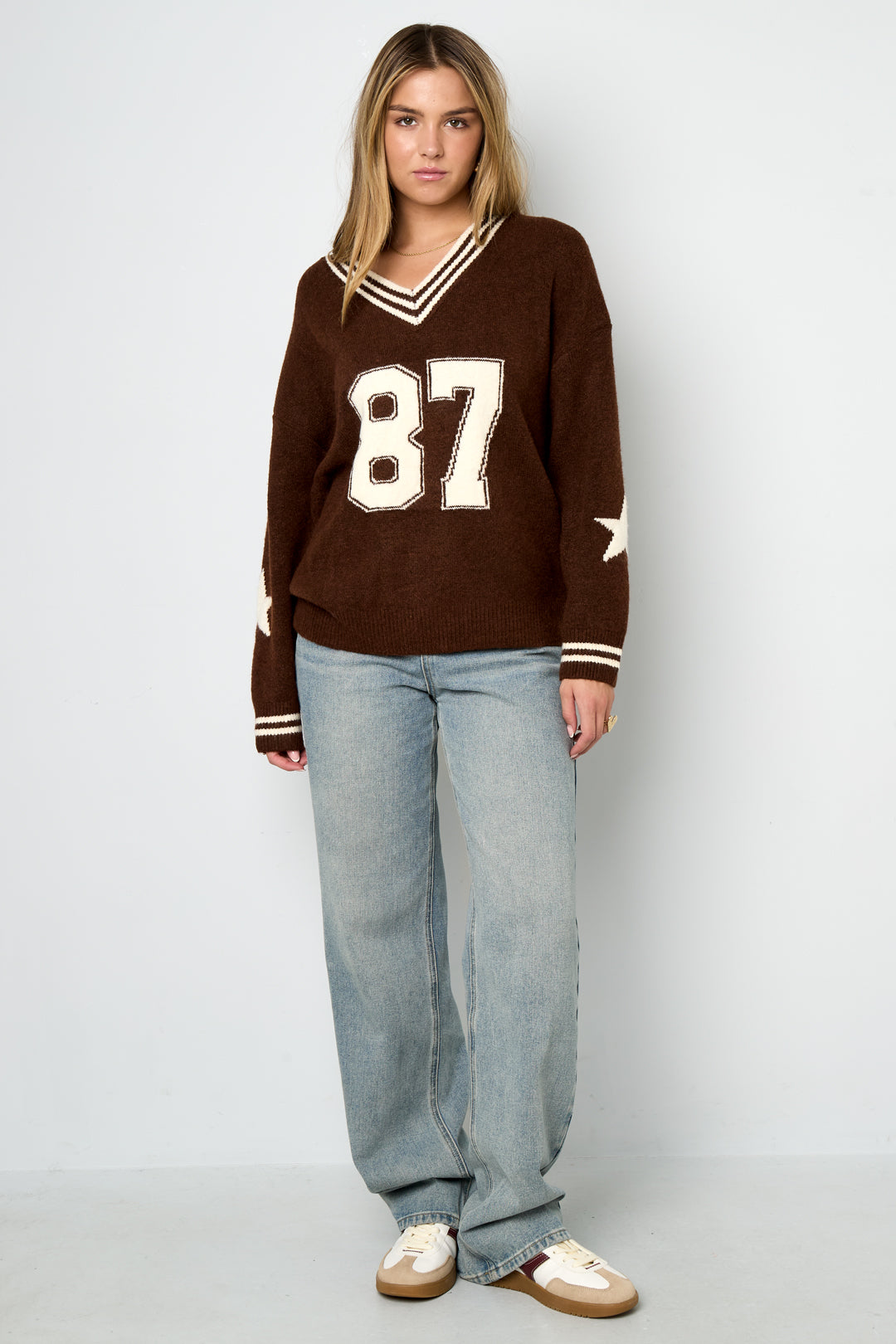 Knitted Polyester Fiber Women's V-Neck Sweater Casual Color Clash