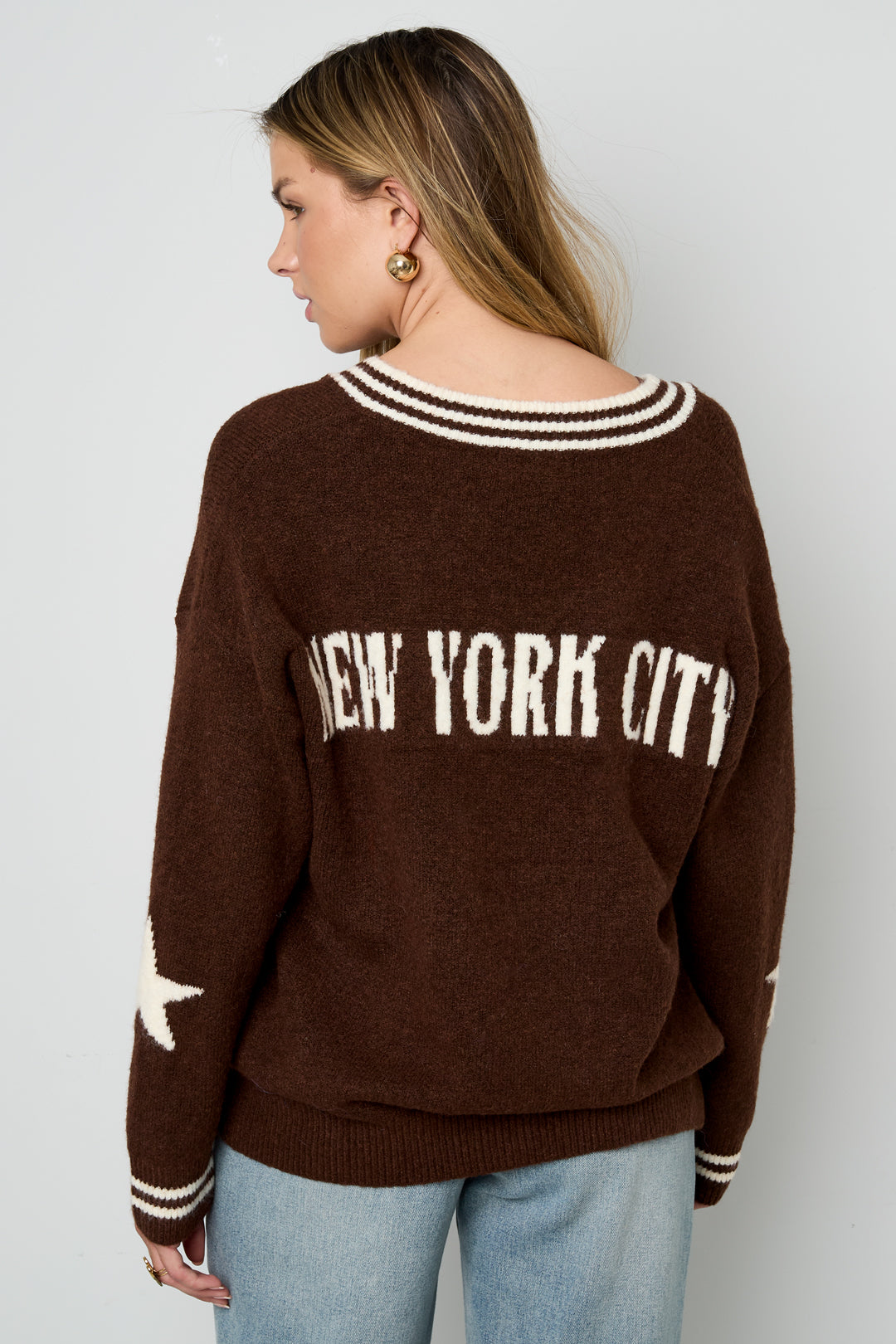 Knitted Polyester Fiber Women's V-Neck Sweater Casual Color Clash