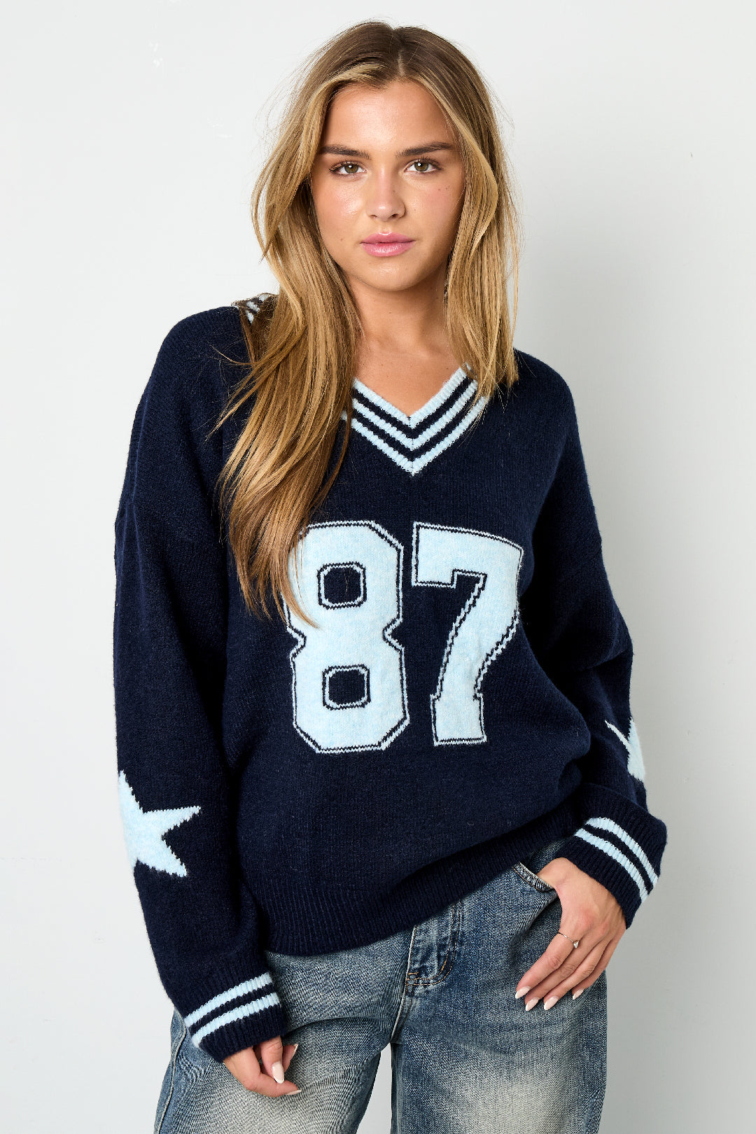 Knitted Polyester Fiber Women's V-Neck Sweater Casual Color Clash