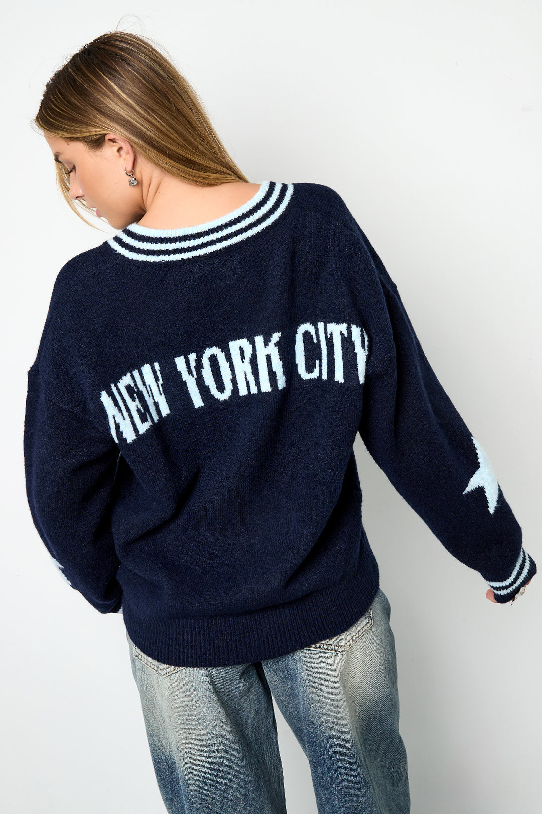Knitted Polyester Fiber Women's V-Neck Sweater Casual Color Clash