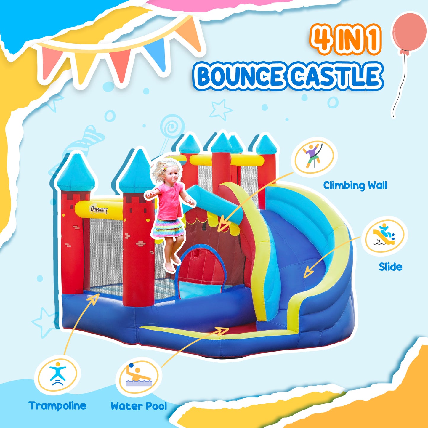 Vielseitige Kinder-Hüpfburg – Rutsche, Pool, Trampolin & Kletterwand für endlosen Spielspaß!